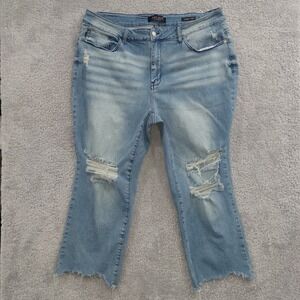 Judy Blue Jeans Womens 20W Blue Light Wash Crop Straight Destroyed Denim Raw Hem